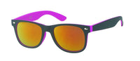 Load image into Gallery viewer, The Sonnenbrille verspiegelt schmal 400 UV Nerdbrille schwarz innen bunt features reflective orange lenses, bright purple arms, and UV 400 protection. Unisex style, shown on a white background, perfect for any look.
