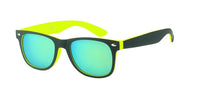 Load image into Gallery viewer, Sonnenbrille verspiegelt schmal 400 UV Nerdbrille schwarz innen bunt: Schwarze Unisex-Sonnenbrille mit neonfarbenen Bügeln, blau-grün verspiegelten Gläsern und UV-Schutz 400 auf weißem Hintergrund.
