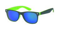 Load image into Gallery viewer, The Sonnenbrille verspiegelt schmal 400 UV Nerdbrille schwarz innen bunt features neon green arms, a black frame, blue mirrored lenses, and offers UV-Schutz 400 for modern, sporty unisex style.
