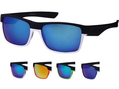 Five pairs of Sonnenbrille verspiegelt 400 UV, eckig mit schwarzem Rahmen und bunter Unterseite, sind zu sehen. Die Gläser sind blau, orange, grün oder blau-grün verspiegelt und bieten 400 UV-Schutz für sportliche Aktivitäten.