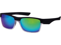 Load image into Gallery viewer, A pair of Sonnenbrille verspiegelt 400 UV – eckige schwarze Brillen mit bunter Unterseite und verspiegelten Gläsern für stylischen Sport und sicheren UV-Schutz.
