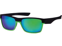 Load image into Gallery viewer, A pair of Sonnenbrille verspiegelt 400 UV with a sporty rectangular shape, black frames, colorful underside, and mirrored lenses in green-blue tint for reliable UV 400 protection.
