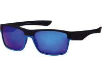Load image into Gallery viewer, The Sonnenbrille verspiegelt 400 UV eckig schwarz bunt Unterseite Sport features a black, angular frame with colorful mirrored lenses, straight arms, and UV 400 protection for stylish and modern eye safety.
