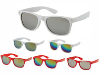 Load image into Gallery viewer, A display of Sonnenbrille rot weiß Nerdbrille in silver, gold, and rainbow-mirrored lenses with 400 UV protection, featuring white and red frames, arranged in two rows on a white background.
