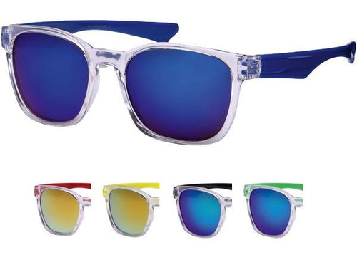 Five pairs of Sonnenbrille bunt verspiegelt 400 UV with transparent sporty frames and mirrored lenses are shown in solid blue, red, yellow, black, and green arms on a white background. Each offers UV-Schutz 400.