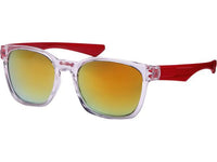 Load image into Gallery viewer, The Sonnenbrille bunt verspiegelt 400 UV features a transparent sporty frame, red arms, and yellow-orange gradient mirrored lenses, providing UV 400 protection. Displayed on a white background.
