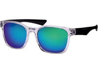Load image into Gallery viewer, The Sonnenbrille bunt verspiegelt 400 UV has a transparent sporty frame, black arms, and blue-green mirrored lenses, offering UV-Schutz 400, shown against a white background.
