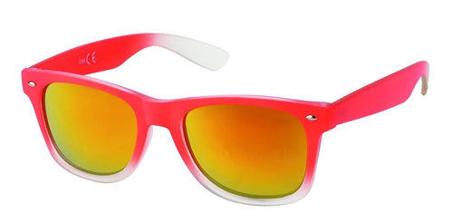 The Sonnenbrille transparent Farbverlauf 400 UV Nerd verspiegelt features a pink-white gradient frame and reflective yellow-orange lenses with UV 400 protection, displayed on a white background.