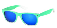 Load image into Gallery viewer, The "Sonnenbrille transparent Farbverlauf 400 UV Nerd verspiegelt" features bright green frames and blue mirrored lenses with UV-Schutz 400, displayed on a white background.
