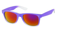 Load image into Gallery viewer, A Sonnenbrille transparent Farbverlauf 400 UV Nerd verspiegelt with bright purple frames and red-orange mirrored lenses is shown against a plain white background.
