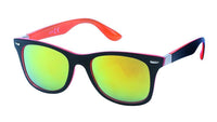 Load image into Gallery viewer, The Sonnenbrille verspiegelt 400 UV Nerd Scharnier schwarz bunt Glanz features a black frame with red accents, yellow-green mirrored lenses, and UV 400 protection, displayed isolated on a white background.
