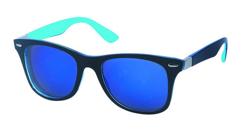 A Sonnenbrille verspiegelt 400 UV Nerd Scharnier in schwarz mit buntem Glanz und blauen verspiegelten Gläsern sowie türkisfarbenen Akzenten an den Bügeln, präsentiert auf weißem Hintergrund.