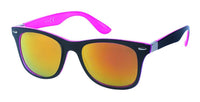 Load image into Gallery viewer, The Sonnenbrille verspiegelt 400 UV Nerd Scharnier schwarz bunt Glanz features a black frame with bright pink accents and orange-tinted mirrored lenses, offering modern style and UV 400 protection, shown on a white background.
