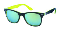 Load image into Gallery viewer, The Sonnenbrille verspiegelt 400 UV Nerd Scharnier schwarz bunt Glanz features black frames, neon yellow-green temples, blue-green mirrored lenses for UV 400 protection, and is shown on a white background.
