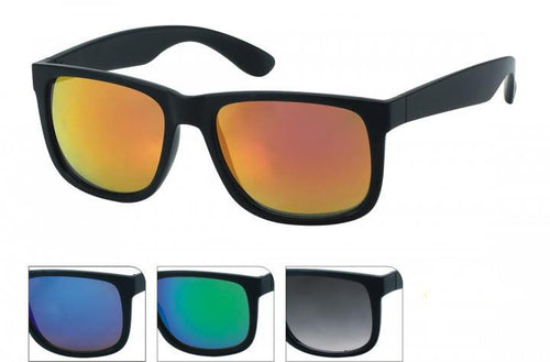 A pair of Sonnenbrille bunt verspiegelt schwarz 400 UV im classic Nerd Stil with orange mirrored lenses, plus three smaller images showing the same style with blue, green, and gray lenses.