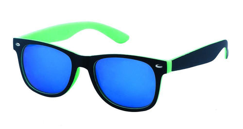The Sonnenbrille Nerdbrille verspiegelt 400UV features retro black frames, neon green arms, and reflective blue lenses, displayed on a white background.