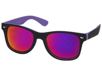 Load image into Gallery viewer, The Sonnenbrille verspiegelt schmal 400 UV Nerdbrille, a unisex black sunglasses with colorful arms and mirrored lenses reflecting red, orange, and purple hues, offers UV-Schutz 400 protection and is shown against a white background.
