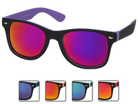 Load image into Gallery viewer, The Sonnenbrille verspiegelt schmal 400 UV Nerdbrille schwarz innen bunt is a unisex black nerd-brille with reflective red-purple lenses and purple inner arms. Icons also show blue, orange, green, and red inner arm options. UV 400 protection included.
