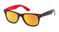Load image into Gallery viewer, A Sonnenbrille Nerdbrille verspiegelt 400UV with black outer frames, red inner accents, and yellow-orange mirrored lenses, displayed on a white background.
