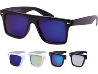 Load image into Gallery viewer, A set of five Sonnenbrille kantig Nerdbrille verspiegelt 400 UV unisex Tropfen is displayed: two black and three white retro frames with blue, silver, and gold mirrored lenses. Largest pair: black frame, blue lens. All offer UV-Schutz 400.
