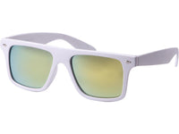 Load image into Gallery viewer, Die kantige Nerdbrille "Sonnenbrille kantig Nerdbrille verspiegelt 400 UV unisex Tropfen" mit weißem Rahmen und gelb-grün verspiegelten Gläsern (UV-Schutz 400) wird schräg vor schlichtem Hintergrund präsentiert.
