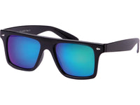 Load image into Gallery viewer, A pair of Sonnenbrille kantig Nerdbrille verspiegelt 400 UV unisex Tropfen in black with thick frames and blue-green mirrored lenses, offering UV 400 protection and retro style, displayed on a white background.
