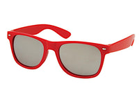 Load image into Gallery viewer, Die Sonnenbrille "rot weiß Nerdbrille" bietet silber-gold Rainbow-verspiegelte Gläser mit UV 400 Schutz, klassischem Retro-Design, leicht gebogenen Bügeln und metallischen Akzenten an den Front-Ecken.
