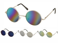 Load image into Gallery viewer, The Sonnenbrille Unisex Rund Hippie Brille John Lennon 400UV is a set of four round metal sunglasses, each with different colored reflective lenses: rainbow, blue, silver, and gold—retro style inspired by John Lennon.
