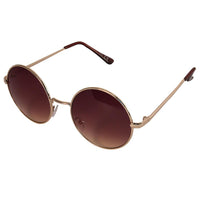 Load image into Gallery viewer, The Sonnenbrille Unisex Rund Hippie Brille John Lennon 400UV features round gold metal frames, dark brown gradient lenses, and arms with dark tips, shown at an angle on a white background for a classic Hippie look.
