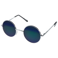 Load image into Gallery viewer, A pair of Sonnenbrille Unisex Rund Hippie Brille John Lennon 400UV with thin silver frames and dark, reflective blue-green round lenses, angled against a white background.
