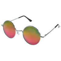 Load image into Gallery viewer, Die Sonnenbrille Unisex Rund Hippie Brille John Lennon 400UV überzeugt mit dünnem silbernem Rahmen und runden Gläsern im Farbverlauf von Gelb zu Pink vor weißem Hintergrund.
