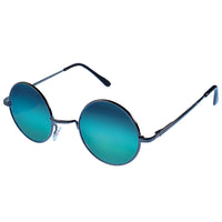 Load image into Gallery viewer, The Sonnenbrille Unisex Rund Hippie Brille John Lennon 400UV features thin, dark metal frames and blue-green gradient lenses in a classic round style, shown from a side angle on a white background.
