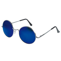 Load image into Gallery viewer, The Sonnenbrille Unisex Rund Hippie Brille John Lennon 400UV features round, silver frames with reflective blue lenses and black earpieces, displayed on a white background.
