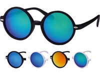 Load image into Gallery viewer, Five pairs of Sonnenbrille rund John Lennon Stil bunt verspiegelt 400UV Mandelverzierung, featuring bold black and white frames with blue, green, and orange mirrored lenses, are shown on a white background for a designer touch.
