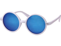 Load image into Gallery viewer, Sonnenbrille rund John Lennon Stil bunt verspiegelt 400UV Mandelverzierung mit dicken weißen Rahmen und leuchtend blauen Gläsern vor weißem Hintergrund.
