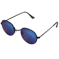 Load image into Gallery viewer, A pair of John Lennon Hippie Sonnenbrille with small oval-shaped, thin black metal frames and blue mirrored lenses, 400 UV protection, unisex, shown on a white background.
