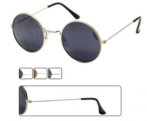 The Sonnenbrille Hippie John Lennon features broad bridge, patterned metal frames, tinted lenses with 400 UV protection, and black plastic-tipped arms. Insets show this unisex Brille from multiple angles, highlighting side and back views.