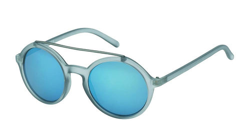 The Sonnenbrille rund Gläser Oberkante Metall Flat Top Vintage John Lennon features light blue transparent frames, mirrored blue lenses, a thin metal top bar, 400UV protection, and curved arms for a stylish, retro look.