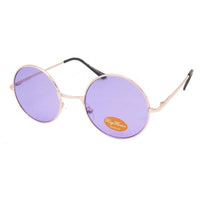 Load image into Gallery viewer, The Sonnenbrille rund Glamour goldfarben John Lennon getönt 400UV Vintage features thin gold frames, light purple tinted lenses, black-tipped arms, and a small sticker on the right lens—evoking the perfect vintage runde Sonnenbrille style.

