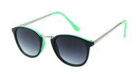 Cargar imagen en el visor de la galería, The Vintage Sonnenbrille rund Retro Steg gebogen 400UV Metallgestell John Lennon features large round black lenses, a black and neon green frame, silver metal arms with green tips, and offers UV-Schutz 400. Shown on a white background.
