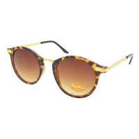 Load image into Gallery viewer, The Sonnenbrille rund Vintage 400UV features a brown tortoiseshell round frame, gold metal arms, gradient brown lenses inspired by John Lennon Stil, and "Peggy Platinum and Vintage Co." in white cursive on the left lens.
