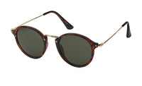 Load image into Gallery viewer, Sonnenbrille Panto Retro Round Glasses mit dunkelgrünen Gläsern, UV 400, hoch geschwungenem Steg und dünnen goldenen Metallbügeln im Tortoiseshell-Design auf weißem Hintergrund.

