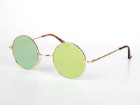 Load image into Gallery viewer, The Sonnenbrille Unisex Rund Hippie Brille John Lennon 400UV features thin gold metal frames, green-tinted round lenses, and brown-tipped arms, channeling classic Lennon style, shown on a white background.
