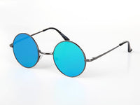 Load image into Gallery viewer, These Sonnenbrille Unisex Rund Hippie Brille John Lennon 400UV feature thin black metal frames and bright blue round lenses, stylishly displayed on a white surface.

