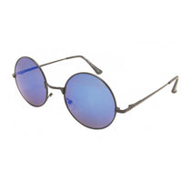 Load image into Gallery viewer, Sonnenbrille Unisex Rund Hippie Brille John Lennon 400UV: Round sunglasses with thin black frames and reflective blue lenses, shown angled on a white background.
