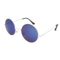 Load image into Gallery viewer, The Sonnenbrille Unisex Rund Hippie Brille John Lennon 400UV features round reflective blue lenses, thin white metal frames, and black-tipped arms, capturing classic Hippie Brille style, shown against a plain white background.
