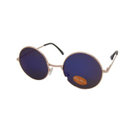 Load image into Gallery viewer, The Sonnenbrille Unisex Rund Hippie Brille John Lennon 400UV features round blue-tinted lenses, thin gold metal frames, black earpieces, and a small brown sticker on one lens—evoking classic John Lennon Brille style.
