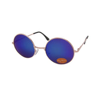 Load image into Gallery viewer, The Sonnenbrille Unisex Rund Hippie Brille John Lennon 400UV features reflective blue round lenses, thin light metal frames, a Ray Master Sunglasses sticker on the left lens, and black-tipped temples for a classic look.
