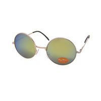 Load image into Gallery viewer, The Sonnenbrille Unisex Rund Hippie Brille John Lennon 400UV features silver metal frames, yellow-green mirrored lenses, a small orange "Ray Flower VISION CO." sticker on the left lens, and black-tipped arms for a classic retro look.
