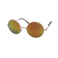 Load image into Gallery viewer, Sonnenbrille Unisex Rund Hippie Brille John Lennon 400UV with gold metal frames and reflective orange lenses, shown at an angle on a white background. The left lens displays a small Ray Foster logo.
